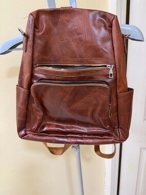 Brown Faux Leather Backpack - Casual Everyday Bag